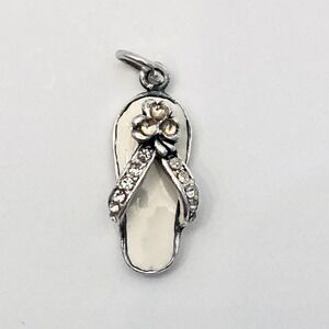 Solvar Sterling Silver & White Enamel .925 Flip Flop‎ Charm Rhinestone Flower